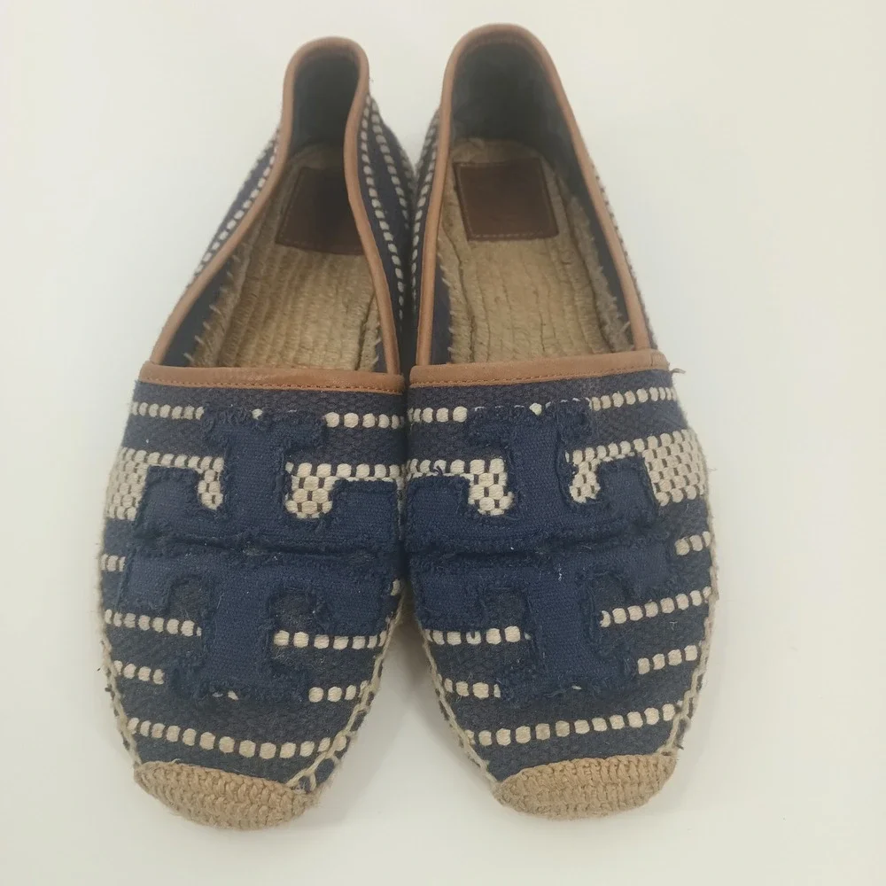 Tory Burch Navy Blue Canvas Woven Espadrille Flats Double T Logo Size 8